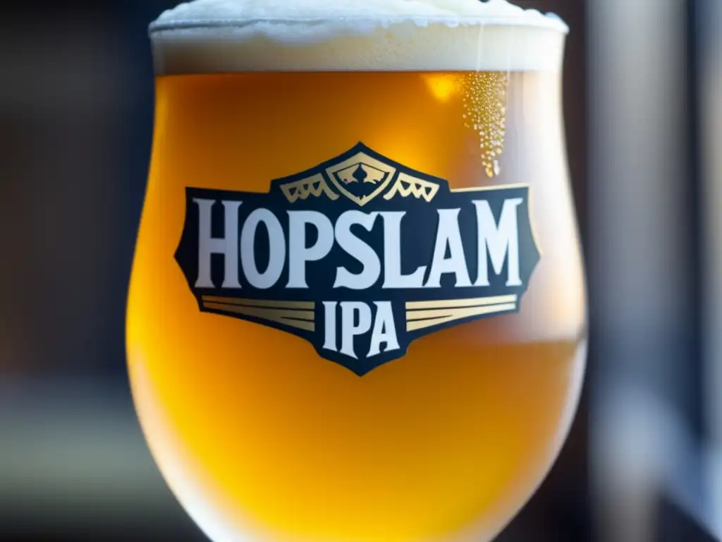 Cerveza Hopslam Imperial IPA: vibrante color dorado, espuma cremosa, burbujas ascendentes, elegancia y intensidad