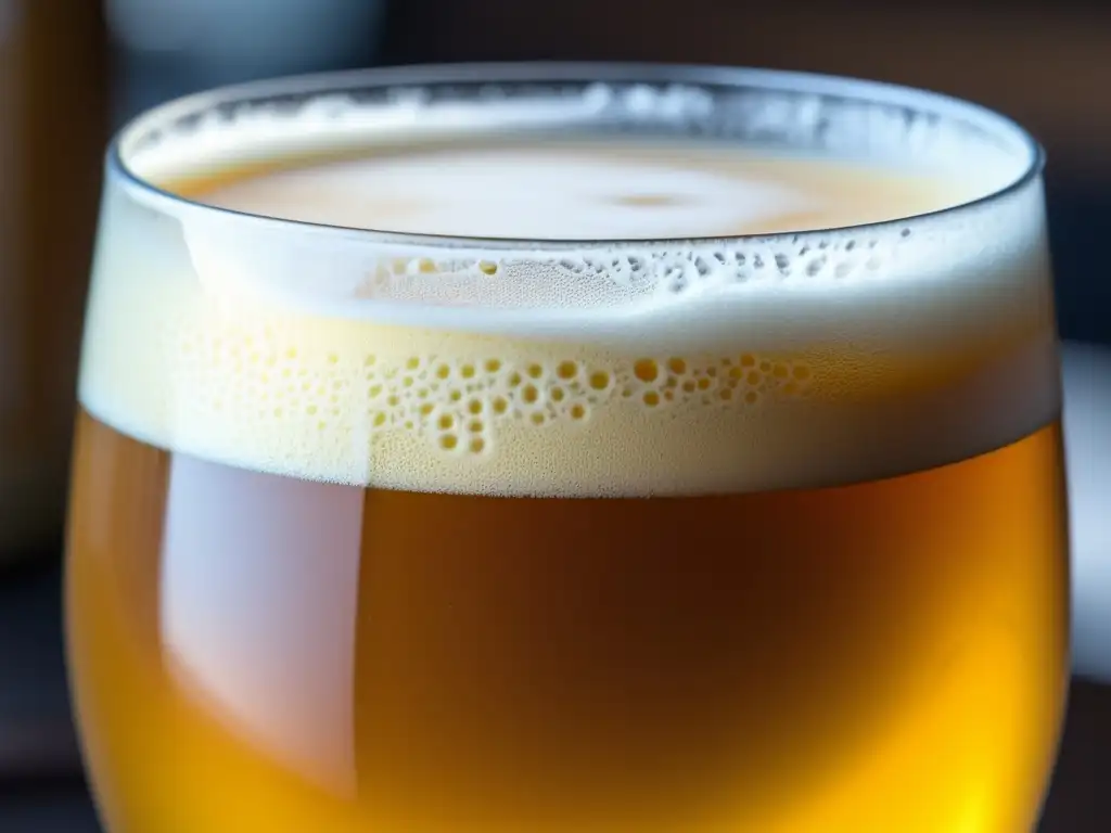 Cerveza ácida dorada con burbujas Cerveza Sour Ale dorada con espuma blanca y textura suave