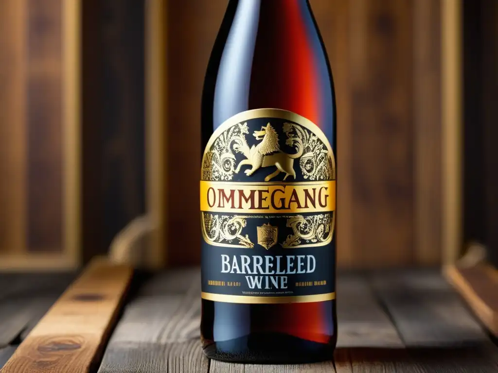Cerveza de vino envejecida en barriles Ediciones limitadas: botella elegante de vino cervecero en mesa de madera, con patrones dorados y acabado mate