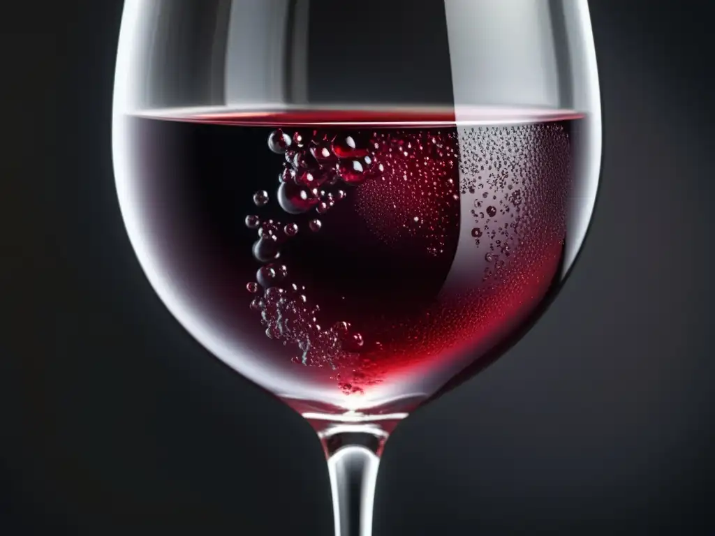Detalles intrincados de copa de vino Detalles fascinantes de una copa de vino tinto con ricos matices y burbujas, en 'La Regla del Tercer Sorbo'