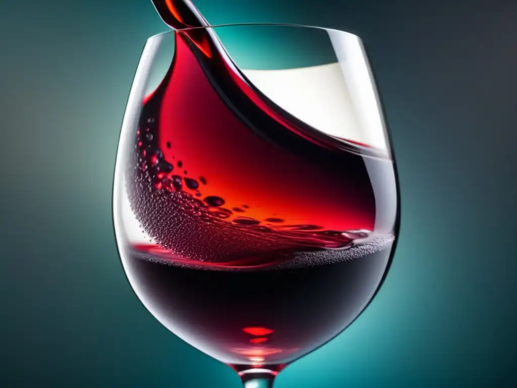 Detalle ultradetallado de copa de vino con vino rojo intenso, sostenida delicadamente, patrón hipnotizante