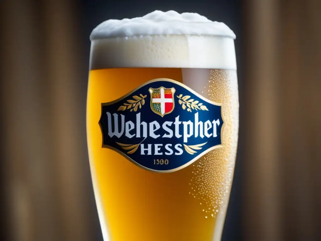Cerveza de trigo Weihenstephaner Hefeweissbier, detalle de vidrio con burbujas y condensación