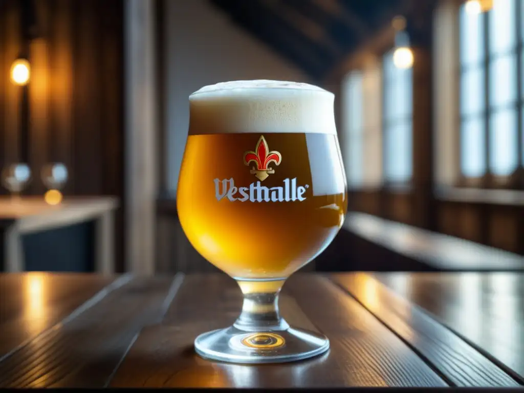 Westmalle Tripel en vaso de cerveza dorada, mesa de madera rústica, burbujas y condensación, bokeh sutil