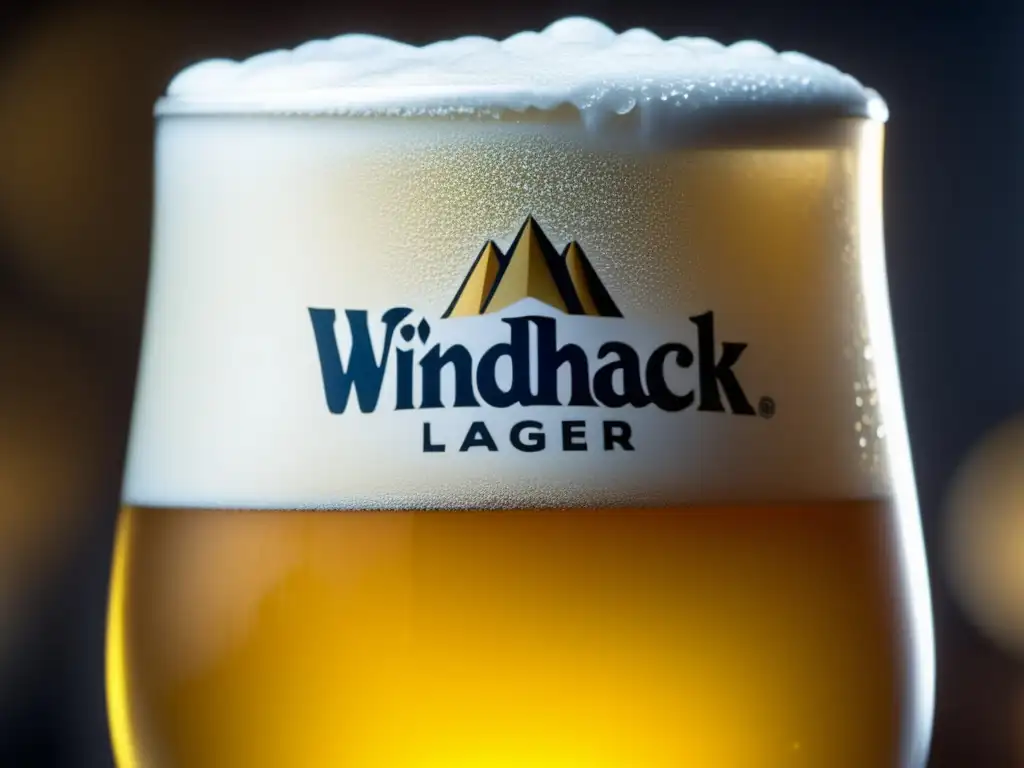 Cerveza Windhoek Lager: espuma blanca y dorada, burbujas brillantes, condensación glistante
