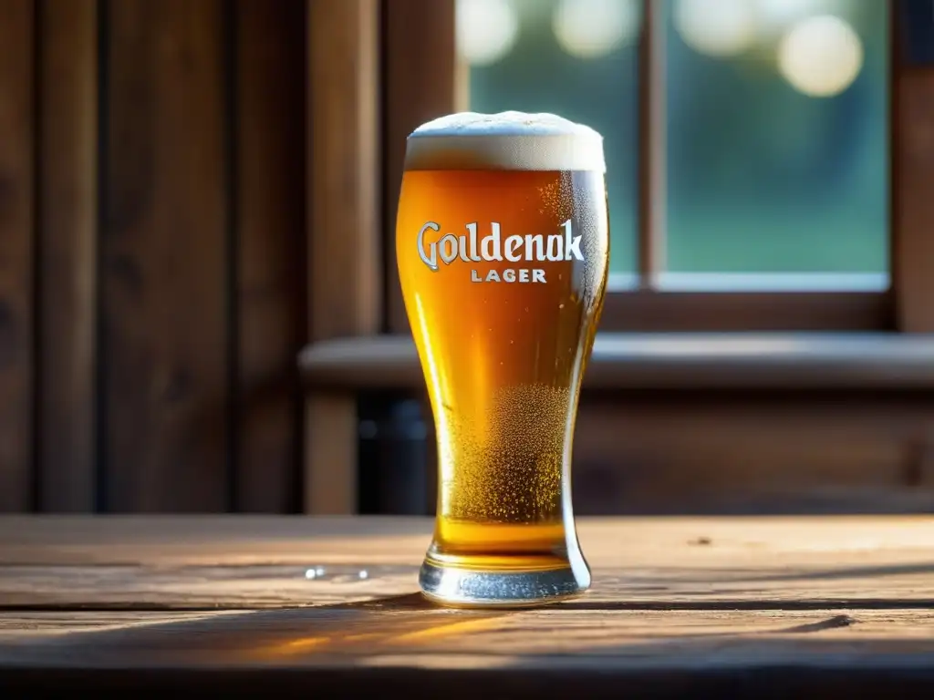 Cerveza Windhoek Lager en vaso de cristal dorado sobre mesa de madera rústica
