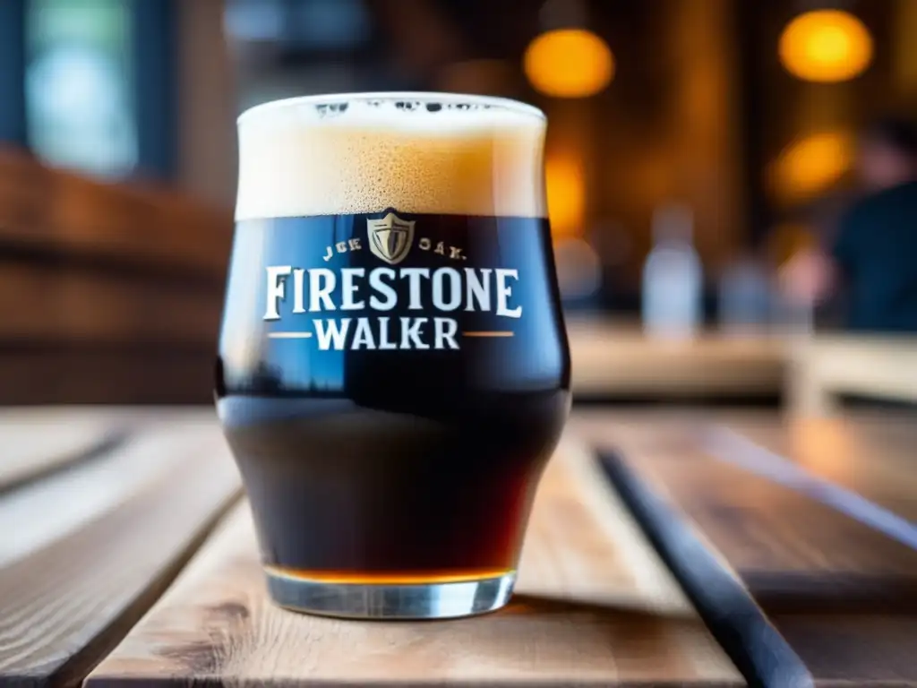 Wookey Jack, cerveza negra intensa con espuma cremosa Copa de Wookey Jack, una oscura y lupulada Black IPA de Firestone Walker, sobre una mesa de madera rústica