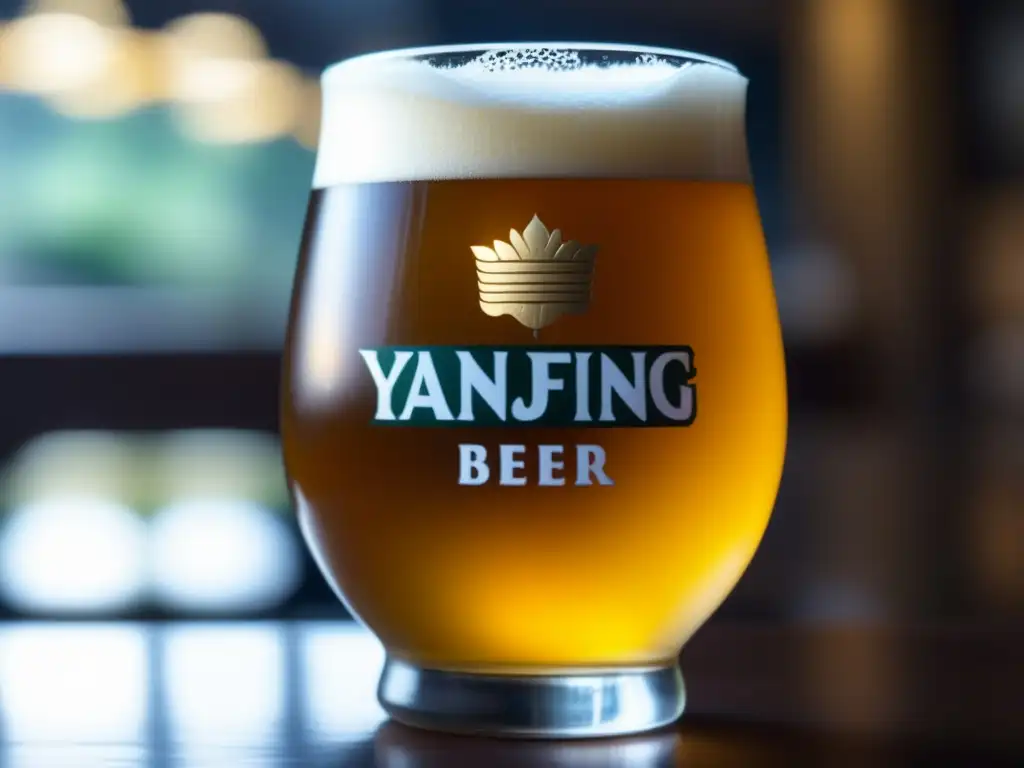 Yanjing Beer: Cerveza dorada con espuma y burbujas, botella parcialmente visible con logo en fondo