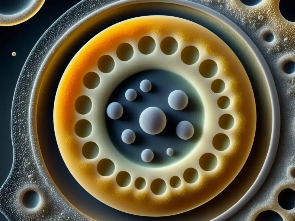 Levadura en fermentación en laboratorio: detalle de estructuras celulares y formación de dióxido de carbono