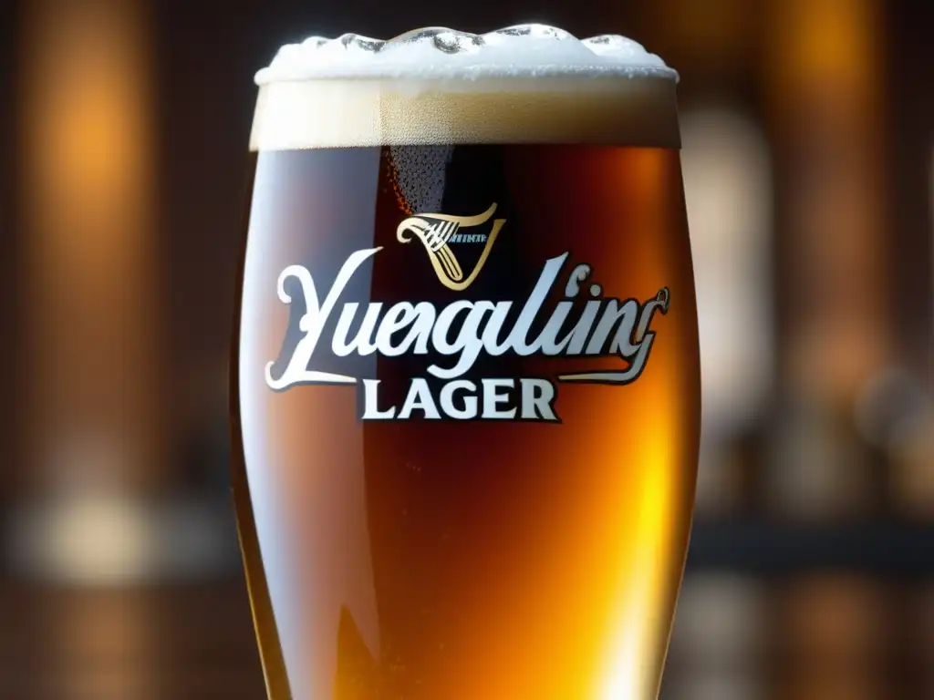 Cerveza Yuengling Traditional Lager: vistoso vaso con líquido ámbar, espuma blanca y burbujas, evocando tradición y calidad