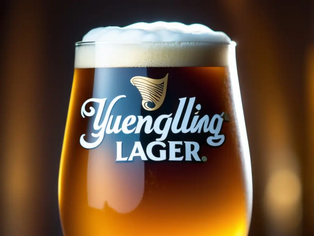 Yuengling Traditional Lager, cerveza ámbar dorada con espuma blanca y burbujas ascendentes