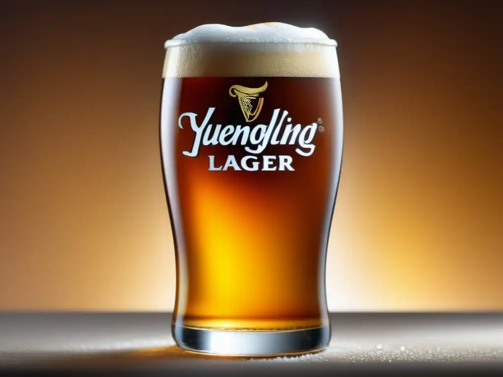 Detalle de cerveza Yuengling Traditional Lager en vidrio dorado