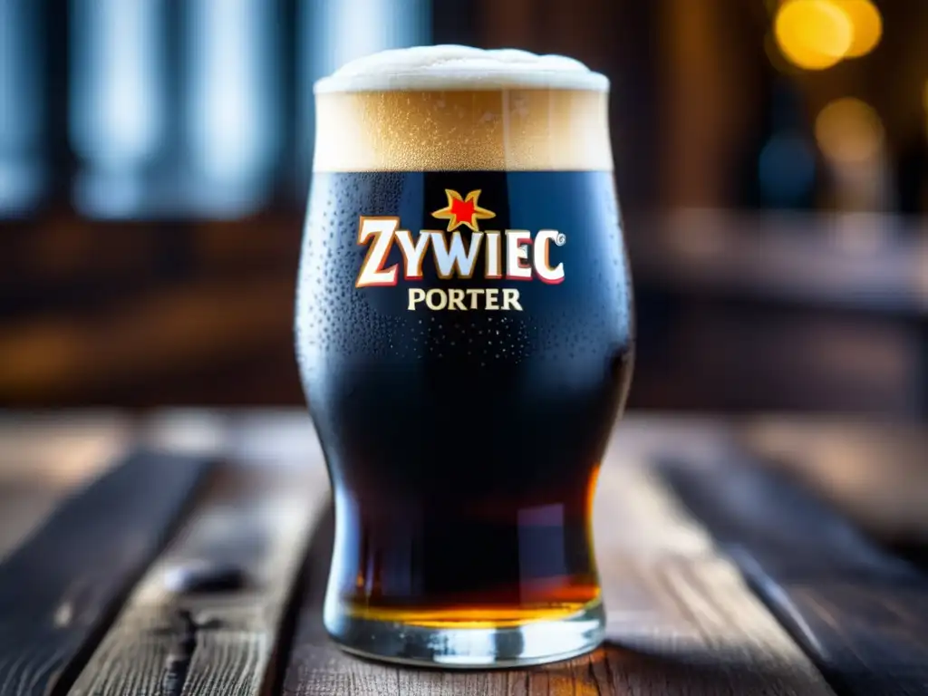 Copa de Zywiec Porter: color oscuro, espuma cremosa, condensación fresca, textura aterciopelada