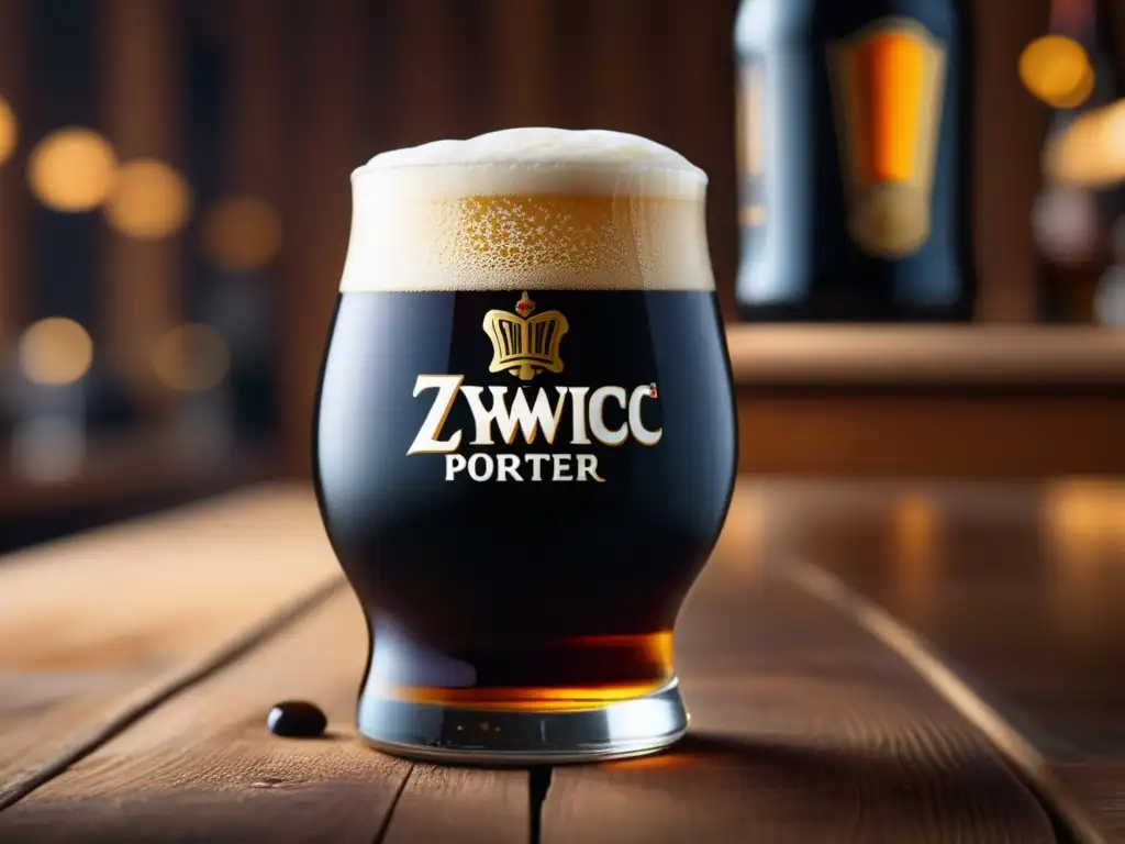 Copa de vidrio llena de Zywiec Porter, destacando su color oscuro y espuma cremosa