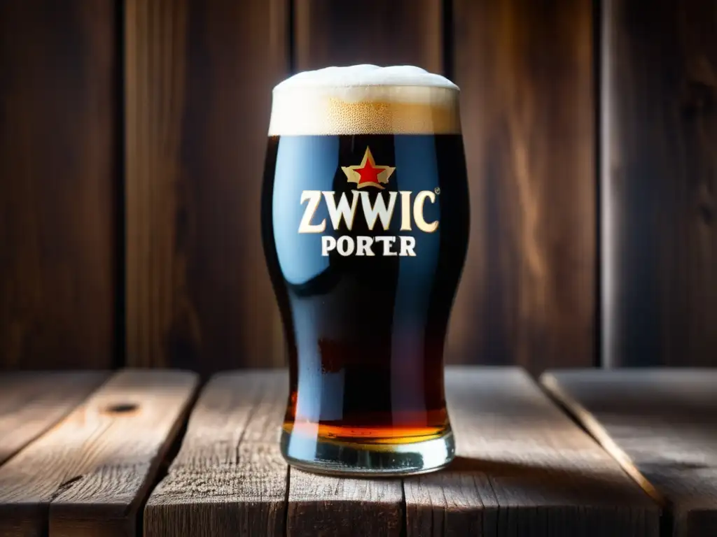 Cerveza Zywiec Porter en vaso de vidrio (Baltic Porter), sobre mesa rústica, con espuma cremosa y color marrón profundo