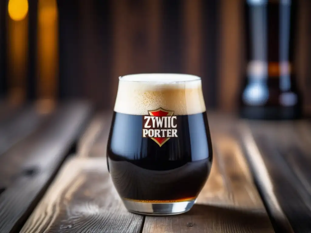 Cerveza Zywiec Porter, color oscuro y espuma cremosa, en una mesa de madera rústica
