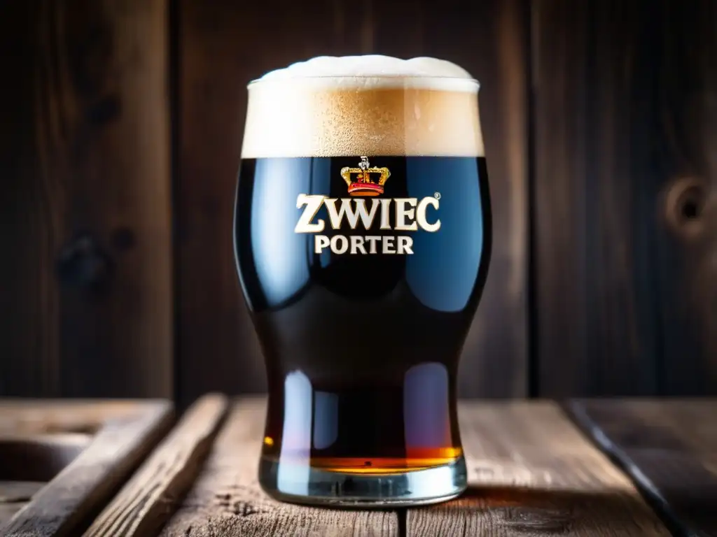 Cerveza Zywiec Porter, color oscuro y cremosa, sobre mesa de madera rústica